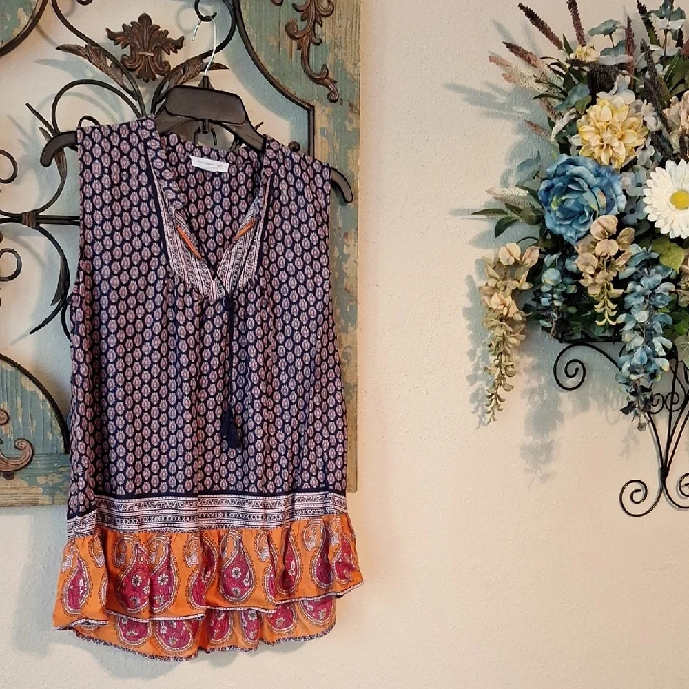 Beachlunchlounge Orange and Blue Relaxed Bib Collar Blouse. Size SMALL - Picture 1 of 9